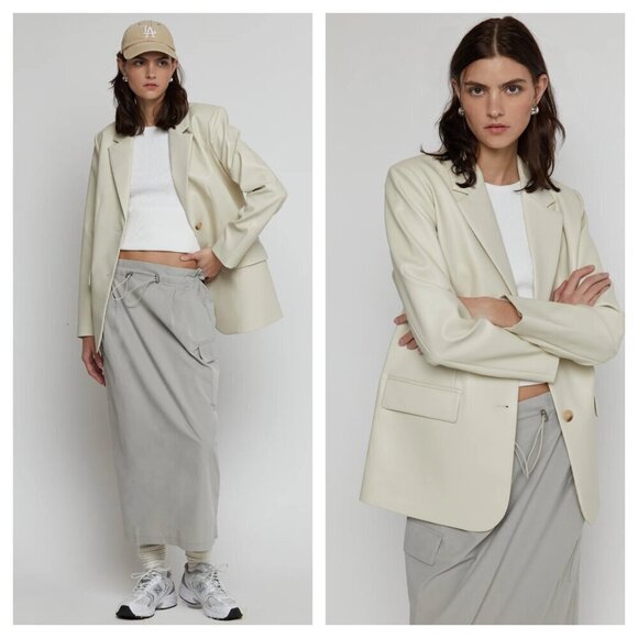 Oak + Fort Relaxed Vegan Leather Blazer Jacket Two Button Almond Milk Ivory XS - Picture 1 of 6